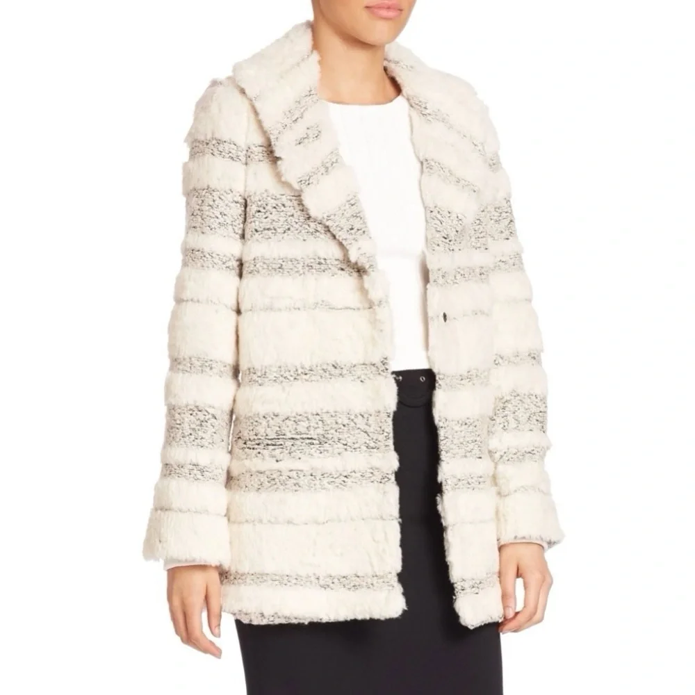 Cinq a Sept 5a7 Shaggy Boucle Tweed Faux Fur Boyfriend Jacket Coat Size Large